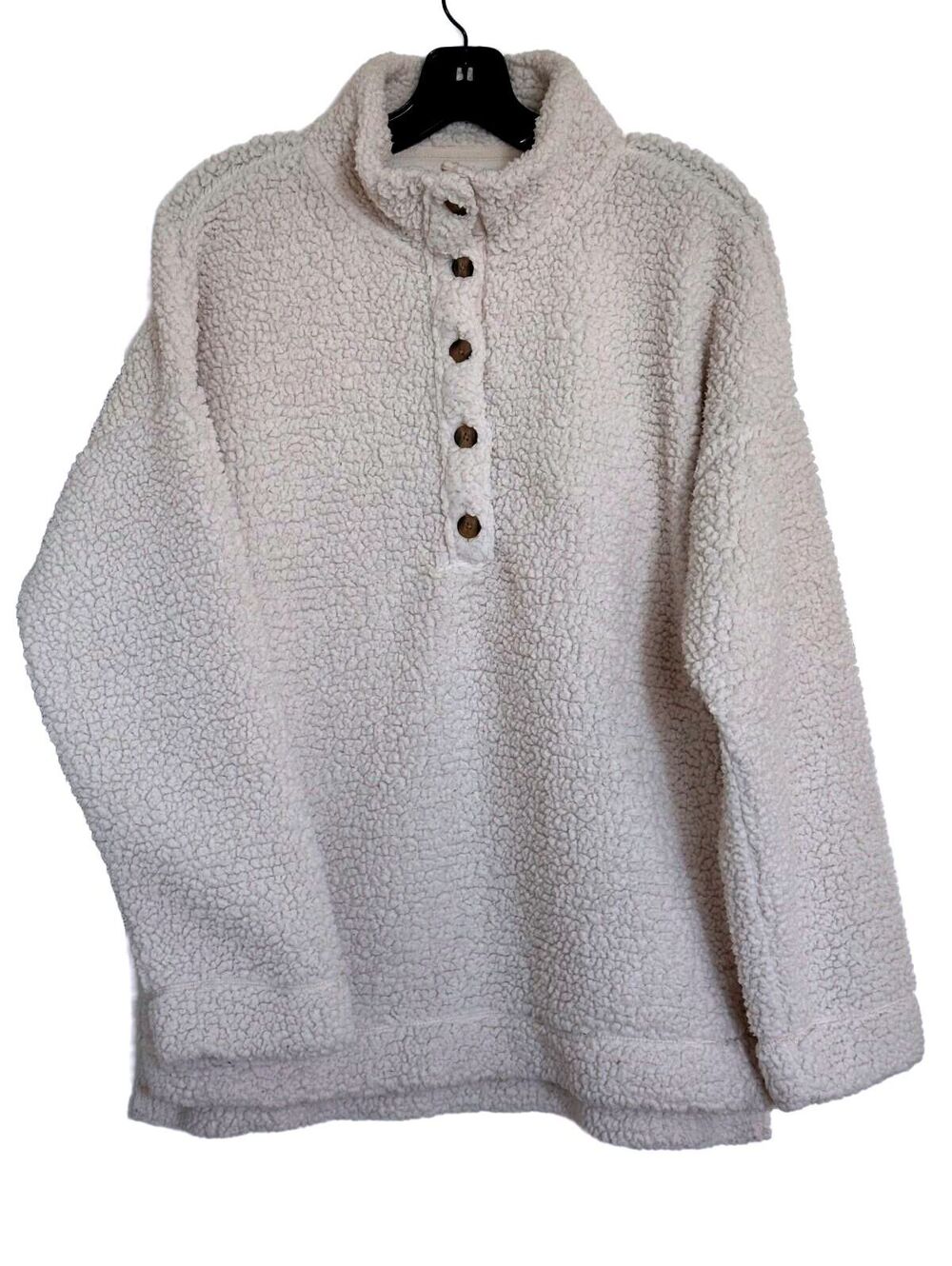 Aerie Women’s Sherpa Fleece Oversized Pullover Cream Button Neck Cozy Sweater- M